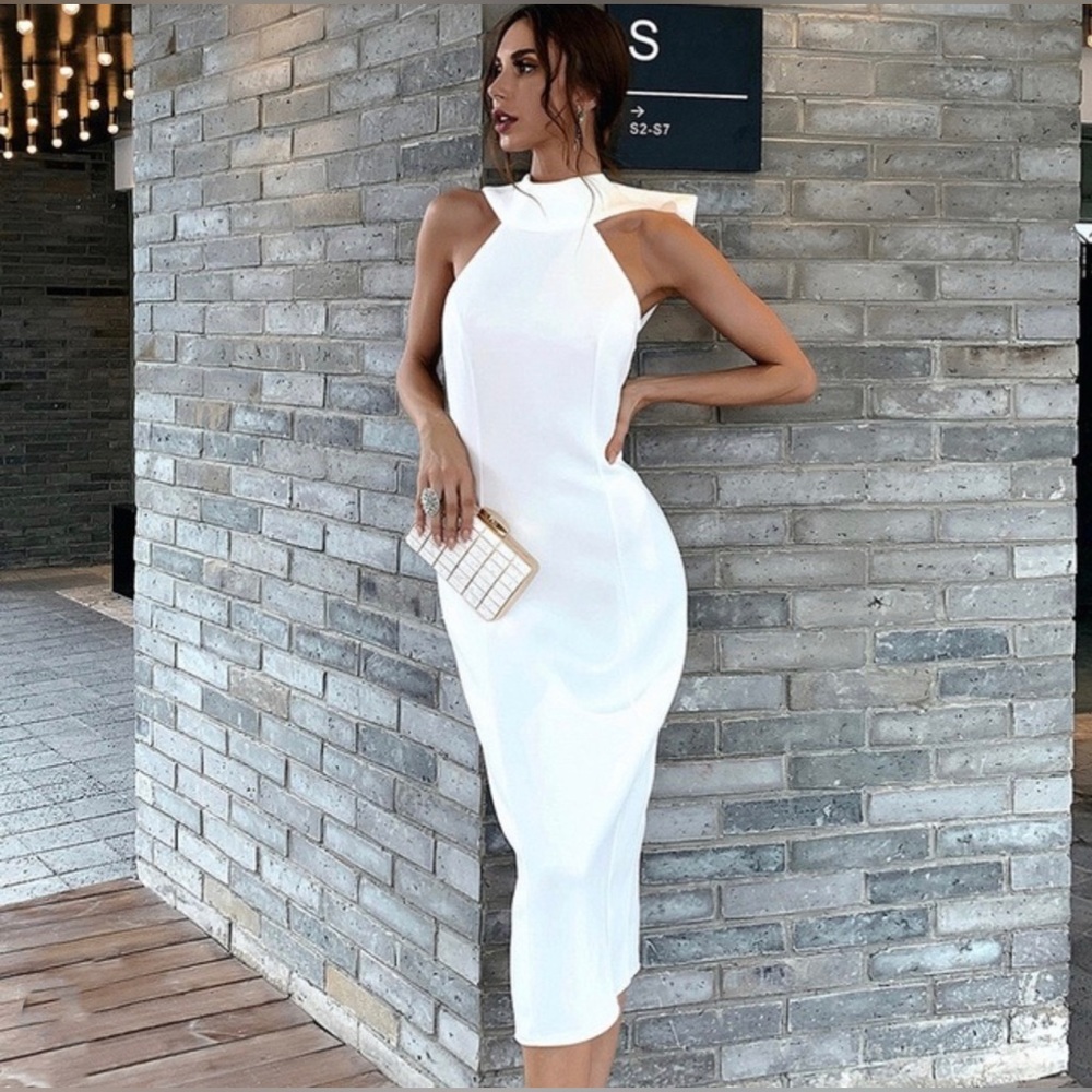 Big Bow Halterneck Pencil Dress in White